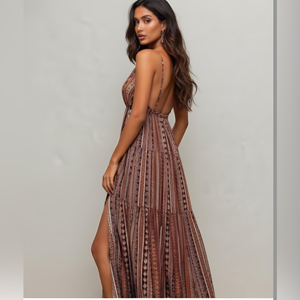 Boho Rust Tribal Print Split Thigh Tie Backless Dress - Picture 4 of 11